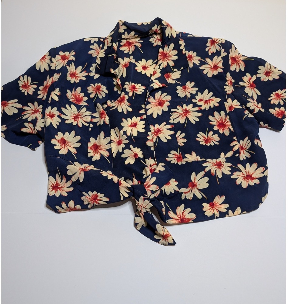 Joan Walters Vintage Floral Daisy Tie Front Crop Top Navy Blue Short Sleve Sz 10